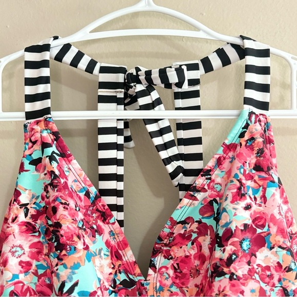 George Pink & Aqua Floral w Striped Band Plus Size Bikini Top - Picture 2 of 9